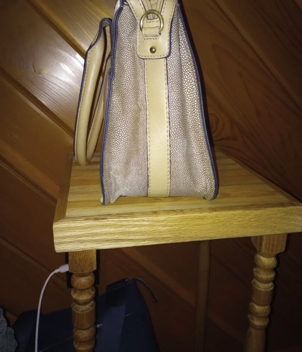 London Fog Cream and Tan Women’s Handbag with Gold Accents